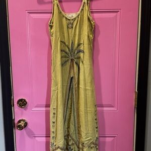 Ethnic Dreams Tropical Green and Browns Maxi Dress with Embroidered Palm Tree
